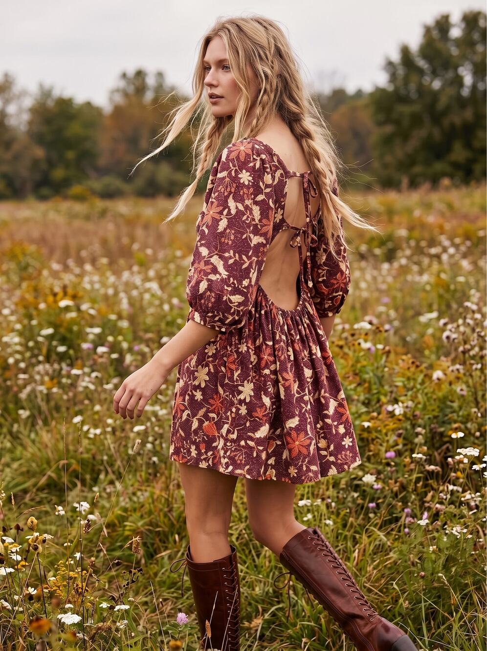Free People Western Bohemian Dainty Lola Mini Dress Mocha Combo Large Floral NWT